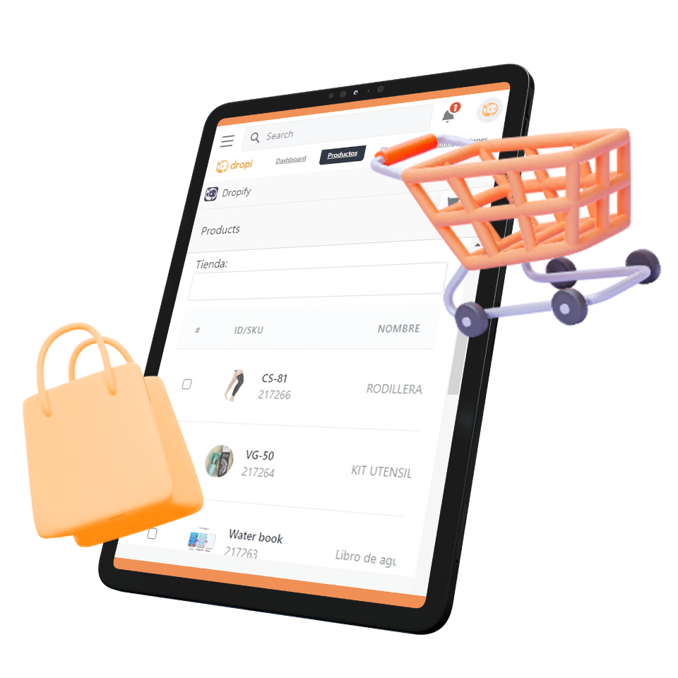 Tablet con el panel de Dropi abierto en Productos, junto a un carrito y una bolsa de compras en 3D